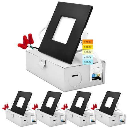 Luxrite 3" Square Ultra Thin LED Recessed Downlight 5 CCT Options 2700K-5000K 8W 540LM Dimmable Black 4-Pack LR23754 LR23855-4PK